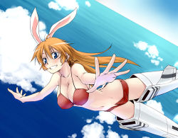 Rule 34 | 1girl, animal ears, bikini, bikini top only, blue eyes, breasts, brown hair, charlotte e. yeager, cleavage, cloud, day, dutch angle, escort fighter, flying, grin, large breasts, long hair, mecha musume, navel, ocean, p-51 mustang, rabbit ears, rabbit girl, satou atsuki, short shorts, shorts, sky, smile, solo, strike witches, striker unit, swimsuit, unbuttoned, world witches series
