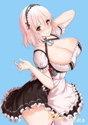 Rule 34 | 1girl, anchor choker, apron, azur lane, bad id, bad pixiv id, blue background, blush, breasts, choker, cleavage, collarbone, dated, frilled apron, frilled choker, frills, hair between eyes, hairband, hand in own hair, hand up, lace-trimmed hairband, lace trim, large breasts, looking at viewer, maid apron, nose blush, parted lips, puffy sleeves, red eyes, red ribbon, ribbon, ribbon-trimmed legwear, ribbon trim, short hair, silver hair, simple background, sirius (azur lane), smile, solo, teeth, thighhighs, waist apron, white apron, white thighhighs, yuckey