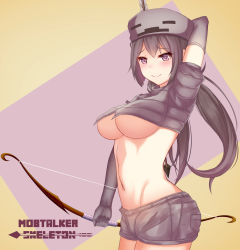 Rule 34 | 1girl, arm behind head, arm up, arrow (projectile), blush, borrowed character, bow (weapon), breasts, cleavage, closed mouth, destinyplayer1, elbow gloves, gloves, grey gloves, grey hair, grey shorts, highres, holding, holding arrow, holding bow (weapon), holding weapon, large breasts, long hair, looking at viewer, low twintails, minecraft, navel, personification, pink eyes, short shorts, shorts, skeleton, skeleton (minecraft), smile, solo, twintails, underboob, weapon