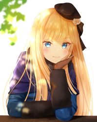 Rule 34 | 1girl, arm support, backlighting, beret, blonde hair, blue coat, blue eyes, blush, bow, brown bow, brown gloves, brown hat, closed mouth, coat, commentary request, fate (series), flower, gloves, hair bow, hair flower, hair ornament, hat, head in hand, head rest, light smile, long hair, long sleeves, lord el-melloi ii case files, nasii, reines el-melloi archisorte, revision, rose, simple background, solo, upper body, v-shaped eyebrows, white background, white flower, white rose