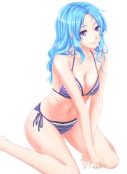 Rule 34 | 1girl, alternate costume, bare arms, bare legs, bare shoulders, barefoot, bikini, blue hair, breasts, cleavage, closed mouth, collarbone, colored eyelashes, eyebrows, frilled bikini, frills, hair down, hip focus, kumoi ichirin, legs, light smile, lips, long hair, looking at viewer, mayoln, medium breasts, navel, no headwear, pink lips, purple eyes, side-tie bikini bottom, sideboob, simple background, sitting, smile, solo, stomach, striped bikini, striped clothes, swimsuit, thighs, touhou, v arms, wariza, white background