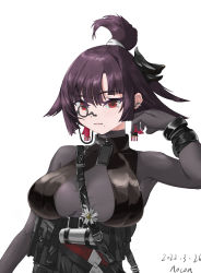 Rule 34 | 1girl, ammunition pouch, artist name, black dress, bodystocking, breasts, closed mouth, dated, dress, ear piercing, earrings, girls&#039; frontline, girls&#039; frontline neural cloud, highres, jewelry, large breasts, lips, looking at viewer, mole, mole under mouth, monocle, nocon, nora (neural cloud), piercing, pouch, purple hair, red eyes, short hair, short ponytail, solo, upper body, white background