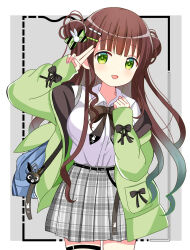 Rule 34 | 1girl, :d, absurdres, anko (gochiusa), bag, bag charm, belt, belt buckle, black belt, black bow, bow, breasts, brown hair, buckle, charm (object), collared shirt, commentary request, diagonal-striped bow, dotted line, double bun, dress shirt, gochuumon wa usagi desu ka?, green jacket, grey background, grey skirt, hair bow, hair bun, hair ornament, hairclip, hand up, highres, jacket, long hair, long sleeves, looking at viewer, medium breasts, off shoulder, open clothes, open jacket, open mouth, plaid, plaid skirt, pleated skirt, puffy long sleeves, puffy sleeves, rabbit hair ornament, ryoutan, school bag, shirt, skirt, sleeves past wrists, smile, solo, two-tone background, ujimatsu chiya, very long hair, white background, white shirt