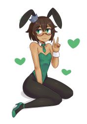 Rule 34 | 1boy, :3, absurdres, androgynous, animal costume, ass, bags under eyes, bare arms, bare shoulders, between legs, blush stickers, brown hair, crown, detached collar, glasses, green eyes, hand between legs, heart, high heels, highres, indie virtual youtuber, kneeling, leotard, necktie, pantyhose, playboy bunny, rabbit ears, shihai alma, simple background, trap, v, virtual youtuber, white background, wide hips