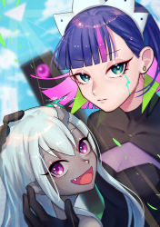 Rule 34 | 2girls, :d, absurdres, android, aqua eyes, blue hair, character request, collarbone, colored inner hair, colored skin, commentary request, earrings, fang, fuli (narumiyafuri), grey skin, hand on another&#039;s head, highres, horns, huge filesize, jewelry, long hair, looking at viewer, maid, maid headdress, multicolored hair, multiple girls, open mouth, pointy ears, purple eyes, purple hair, robot, short hair, single horn, smile, white hair, zutto mayonaka de ii no ni