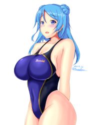 Rule 34 | 1girl, arm behind back, blue eyes, blue hair, blue one-piece swimsuit, breasts, competition swimsuit, dated, double bun, hair bun, highleg, highleg swimsuit, highres, impossible clothes, impossible swimsuit, kantai collection, large breasts, medium hair, montemasa, one-piece swimsuit, simple background, solo, swimsuit, twitter username, urakaze (kancolle), white background