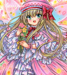 Rule 34 | 1girl, :d, adapted costume, blonde hair, blush, bouquet, bow, bowtie, capelet, cowboy shot, dress, fairy wings, fang, floating hair, flower, frilled capelet, frilled cuffs, frilled dress, frills, green eyes, hair between eyes, hat, hat bow, hat ribbon, holding, holding bouquet, holding flower, lily white, long hair, long sleeves, looking at viewer, marker (medium), open mouth, petals, pink background, pink capelet, pink dress, pink flower, pink hat, red bow, red ribbon, ribbon, rui (sugar3), sample watermark, smile, solo, standing, straight hair, touhou, traditional media, very long hair, watermark, wide sleeves, wings, wrist cuffs, yellow flower