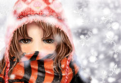 Rule 34 | 1girl, bad id, bad pixiv id, brown eyes, brown hair, earflap hat, female focus, hat, jiro, knitted, scarf, snow, solo, striped clothes, striped scarf