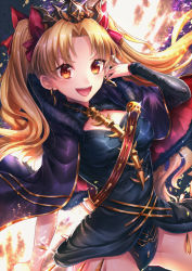 Rule 34 | 1girl, :d, asymmetrical sleeves, bad id, bad pixiv id, black cape, black leotard, black sleeves, blonde hair, bow, breasts, cape, diadem, earrings, ereshkigal (fate), fate/grand order, fate (series), floating hair, fur-trimmed cape, fur trim, hair bow, jewelry, kamuinii, leotard, long hair, looking at viewer, medium breasts, open mouth, orange eyes, red bow, single sleeve, skull, smile, solo, sparkle, standing, twintails, uneven sleeves, v-shaped eyebrows, very long hair