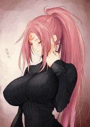 Rule 34 | 1girl, baiken, black sweater, breasts, facial tattoo, guilty gear, guilty gear xrd, highres, jako (toyprn), long hair, one-eyed, pink hair, ponytail, scar, scar across eye, scar on face, simple background, solo, sweater, tattoo, translated, turtleneck, turtleneck sweater