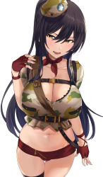 Rule 34 | 1girl, absurdres, arm at side, bandana, black hair, blush, breasts, buckle, camouflage, cleavage, collarbone, commentary request, cowboy shot, crop top, fingerless gloves, frills, gloves, hair between eyes, highres, hotate-chan, idolmaster, idolmaster shiny colors, large breasts, long hair, neck ribbon, red bandana, red gloves, red ribbon, red shorts, ribbon, shirase sakuya, short shorts, short sleeves, shorts, side ponytail, solo, star (symbol), thigh gap, thigh strap, underbust, v-shaped eyebrows, very long hair, yellow eyes, zipper pull tab