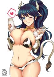 Rule 34 | 1girl, animal print, bare shoulders, bell, blue eyes, blue hair, breasts, cleavage, collar, cow girl, cow print, fire emblem, fire emblem: the sacred stones, horns, huge breasts, long hair, milk, navel, neck bell, nintendo, one eye closed, panties, pegasus knight uniform (fire emblem), ponytail, revolverwing, smile, solo, tana (fire emblem), underwear