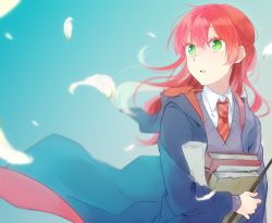 Rule 34 | 1girl, aged down, black robe, book, green eyes, gryffindor, harry potter (series), hogwarts school uniform, holding, holding book, hugging book, hugging object, lily evans, long hair, necktie, red hair, robe, school uniform, solo, striped necktie, striped neckwear, vest, wizarding world