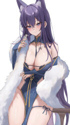 Rule 34 | 1girl, absurdres, animal ears, biya (1024), blue eyes, blush, bridal gauntlets, butterfly tattoo, chest tattoo, closed mouth, crossed bangs, feather boa, highres, holding, long hair, looking at viewer, original, pelvic curtain, purple hair, simple background, smile, solo, tattoo, thigh strap, thighs, white background, yuna (biya (1024))