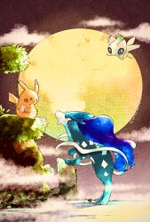 absurdres alternate_color bad_tag blue_eyes brown_eyes celebi cloud commentary creatures_(company) floating flying full_moon game_freak gen_1_pokemon gen_2_pokemon highres holding legendary_pokemon moon mythical_pokemon nintendo no_humans outdoors pikachu pokemon pokemon_(creature) red_eyes ribbon shiny_pokemon smile standing standing_on_liquid suicune tree twitter_username water wings zozozoshion