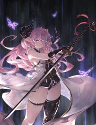 Rule 34 | 1girl, absurdres, bare shoulders, black gloves, blue eyes, braid, breasts, coat, draph, gloves, gold trim, granblue fantasy, hair ornament, hair over one eye, highres, holding, holding sword, holding weapon, horns, katana, large breasts, light purple hair, long hair, looking at viewer, narmaya (granblue fantasy), pointy ears, sideboob, single thighhigh, sleeveless, sleeveless coat, solo, sword, thigh strap, thighhighs, thighs, weapon, white coat, yu pian