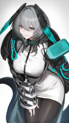 Rule 34 | 1girl, absurdres, aqua eyes, arknights, black pantyhose, breasts, commentary request, cowboy shot, dress, grey background, grey hair, grin, head wings, highres, ho&#039;olheyak (arknights), ikasamahideo, large breasts, long sleeves, looking at viewer, pantyhose, parted lips, pencil dress, short dress, short hair, smile, solo, standing, thighs, white dress, wings