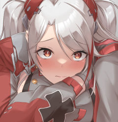 Rule 34 | 1girl, antenna hair, azur lane, blush, breasts, buttons, closed mouth, clothing cutout, commentary, cross, double-breasted, dress, gloves, grey dress, grey gloves, grey hair, hair between eyes, headgear, iron cross, large breasts, long hair, long sleeves, looking at viewer, mole, mole on breast, multicolored hair, orange eyes, parted bangs, prinz eugen (azur lane), red hair, side cutout, sideboob, sidelocks, simple background, solo, streaked hair, two side up, uniazi mikan, upper body, white background