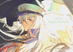 1boy 2023 bird cael_anselm closed_mouth collared_jacket day dove epaulettes hair_between_eyes happy_birthday hat highres huihua_wuneng_chifan_bot jacket long_bangs long_hair long_sleeves looking_at_viewer looking_back lovebrush_chronicles male_focus military_hat night peaked_cap purple_eyes smile solo split_theme star_trail upper_body weibo_logo weibo_watermark white_hair white_hat white_jacket