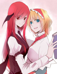 Rule 34 | 2girls, :d, alice margatroid, armband, bad id, bad pixiv id, bat wings, black neckwear, blonde hair, blue eyes, blush, book, breasts, capelet, collared shirt, commentary request, dress shirt, eyelashes, eyes visible through hair, hair between eyes, hairband, head wings, holding, holding book, juliet sleeves, koakuma, light smile, long hair, long sleeves, looking at viewer, looking to the side, low wings, medium breasts, multiple girls, necktie, open mouth, puffy sleeves, red eyes, red hair, red neckwear, shibi (asagi nezumi), shirt, short hair, smile, touhou, upper body, very long hair, vest, white shirt, wings