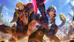 Rule 34 | alternate costume, armor, basket, battle, battle academy garen, battle academy wukong, blonde hair, blue eyes, blue hair, building, clock, clock tower, cloud, cloudy sky, coat, collared coat, collared shirt, delinquent, feet out of frame, fighting stance, garen (league of legends), gauntlets, gloves, highres, ina wong, league of legends, looking to the side, multicolored hair, muscular, muscular male, necktie, official alternate costume, official art, open clothes, open coat, outdoors, pants, shirt, short hair, shoulder armor, shoulder pads, sky, smirk, spiked hair, splashing, staff, sword, tail, teeth, thick eyebrows, tower, tree, weapon, white hair, wukong (league of legends), yellow eyes