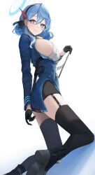 Rule 34 | 1girl, absurdres, ako (blue archive), ass, black gloves, black thighhighs, blue archive, blue eyes, blue hair, blush, breasts, clipboard, commentary, earrings, garter straps, gloves, gun, hairband, halo, handgun, highres, holster, jewelry, kneeling, large breasts, looking at viewer, medium hair, sideboob, smile, solo, suna6080, thighhighs, weapon
