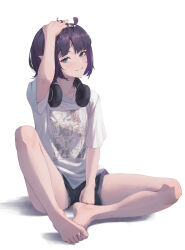 Rule 34 | 1girl, absurdres, arm up, bare legs, barefoot, black shorts, blue eyes, blush, closed mouth, commentary, extra ears, feet, full body, hand on own head, headphones, headphones around neck, highres, hololive, hololive english, knee up, legs, looking at viewer, medium hair, ninomae ina&#039;nis, ninomae ina&#039;nis (loungewear), parted bangs, pointy ears, purple hair, revil0l, shadow, shirt, short shorts, short sleeves, shorts, sidelocks, simple background, sitting, smile, solo, t-shirt, thighs, toenails, toes, virtual youtuber, white background, white shirt