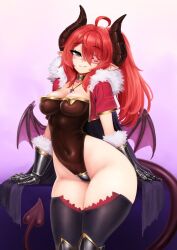 Rule 34 | 1girl, :3, adav (vadaboob), ahoge, barbariank, black cape, black leotard, black thighhighs, borrowed character, breasts, cape, commentary, covered navel, cowboy shot, cropped jacket, demon girl, demon tail, demon wings, english commentary, eyepatch, fur collar, fur trim, gauntlets, gradient background, hair between eyes, highleg, highleg leotard, highres, horns, jacket, jewelry, leotard, long hair, looking at viewer, medium breasts, necklace, open clothes, open jacket, original, pointy ears, pubic tattoo, purple background, red eyes, red hair, red jacket, simple background, smile, smug, solo, tail, tattoo, thighhighs, wings