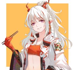 Rule 34 | 1girl, arknights, arm tattoo, bandeau, border, braid, chopsticks, colored skin, dragon horns, ear piercing, earrings, highres, holding, holding chopsticks, horns, jacket, jewelry, long hair, midriff, multicolored hair, navel, nian (arknights), open clothes, open jacket, outside border, piercing, pink eyes, pointy ears, ponytail, red bandeau, red hair, red skin, sleeves past elbows, solo, streaked hair, tassel, tassel earrings, tattoo, upper body, was775, white border, white hair, white jacket, wide sleeves, yellow background