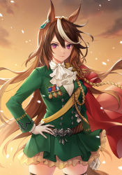 Rule 34 | 1girl, animal ears, ascot, brown hair, cape, closed mouth, commentary request, cowboy shot, epaulettes, frilled skirt, frills, gloves, green jacket, hand on own hip, highres, horse ears, horse girl, horse tail, jacket, long hair, looking at viewer, multicolored hair, purple eyes, red cape, shiao, single epaulette, skirt, smile, solo, streaked hair, symboli rudolf (umamusume), tail, umamusume, very long hair, white ascot, white gloves, white hair