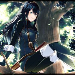 Rule 34 | 1girl, ameno (a meno0), blue eyes, blue hair, falchion (fire emblem), fingerless gloves, fire emblem, fire emblem awakening, flat chest, gloves, hair between eyes, in tree, long hair, looking at viewer, lucina (fire emblem), nintendo, outdoors, smile, solo, sword, symbol-shaped pupils, tiara, tree, weapon
