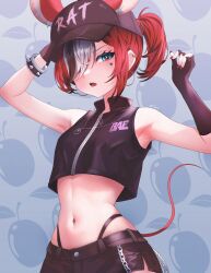 Rule 34 | 1girl, animal ears, armpits, artist name, baseball cap, black hair, bracelet, breasts, chain, commentary, crop top, earrings, english commentary, fingerless gloves, gloves, hair over one eye, hakos baelz, hat, heart, highres, hololive, hololive english, hoop earrings, jewelry, looking at viewer, midriff, mouse ears, mouse girl, mouse tail, multicolored hair, navel, open mouth, ponytail, red hair, short shorts, shorts, sk jynx, sleeveless, small breasts, solo, spiked bracelet, spikes, tail, teeth, tongue, virtual youtuber, watermark, white hair