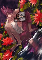 Rule 34 | 1boy, ?, absurdres, blood, blood from mouth, closed mouth, collarbone, collared shirt, commentary request, danganronpa (series), danganronpa v3: killing harmony, dutch angle, facial hair, flower, hair between eyes, highres, iei, jacket, knee up, long sleeves, looking at viewer, male focus, momota kaito, night, night sky, open clothes, open shirt, outdoors, pants, pink blood, pink pants, print shirt, purple hair, qianhai, red flower, shirt, short hair, sitting, sky, smile, spiked hair, spoilers, wading, water