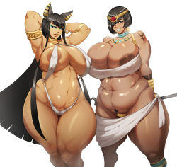 Rule 34 | 2girls, areola slip, armpits, arms behind head, arms up, belly, black eyes, black hair, blue eyes, breasts, cleavage, covered erect nipples, egyptian, fat, huge breasts, jujunaught, large areolae, long hair, looking at viewer, multiple girls, original, parted lips, plump, pubic tattoo, shiny skin, short hair, standing, tattoo, thick thighs, thighs, undersized clothes, very long hair, wide hips