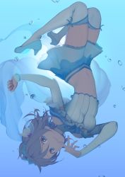 Rule 34 | 10s, 1girl, arm warmers, bad id, bad pixiv id, blue eyes, blue footwear, blue theme, bon nob, bracelet, breasts, brown hair, bubble, clothing cutout, crop top, earrings, finger to mouth, high heels, jewelry, koi ni naritai aquarium, looking at viewer, love live!, love live! sunshine!!, medium breasts, midriff, navel, open mouth, shoes, short hair, shoulder cutout, skirt, smile, solo, thighhighs, tiara, underwater, upside-down, watanabe you, white thighhighs