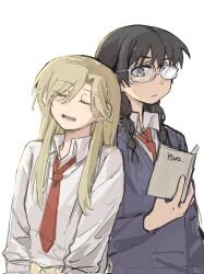 Rule 34 | 2girls, black hair, blonde hair, blush, book, braid, chinese commentary, closed eyes, collared shirt, commentary request, glasses, grey eyes, highres, holding, holding book, kurume makoto, long hair, long sleeves, multiple girls, murashige yuzuki, necktie, parted lips, purple sweater, red necktie, shirt, simple background, skip to loafer, sweater, twin braids, upper body, white background, white shirt, yanlingjinshilihuahua