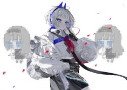 Rule 34 | 1girl, black gloves, black skirt, blue eyes, blue hair, chibi, chibi inset, colored inner hair, cowboy shot, flower, frills, gloves, hair ornament, hairband, hand on own hip, highres, index finger raised, indie virtual youtuber, long sleeves, looking at viewer, meisho mikaku, multicolored hair, puffy sleeves, red flower, shirt, short hair, simple background, skirt, solo, two-tone hair, white background, white hair