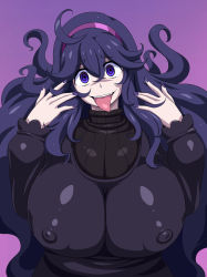 Rule 34 | 1girl, :d, :p, @ @, ahoge, alternate breast size, artworks/64245111, breasts, commentary request, covered erect nipples, creatures (company), freckles, game freak, hairband, hex maniac (pokemon), highres, huge breasts, impossible clothes, impossible sweater, long hair, looking at viewer, muimui, nail polish, nintendo, open mouth, photoshop (medium), pokemon, pokemon xy, purple background, purple eyes, purple hair, purple hairband, purple nails, ribbed sweater, simple background, smile, solo, sweater, teeth, tongue, tongue out, upper body, very long hair