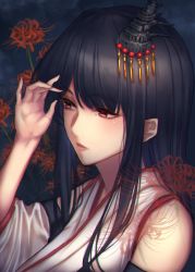 Rule 34 | 1girl, absurdres, adjusting hair, bare shoulders, black hair, commentary request, detached sleeves, flower, fusou (kancolle), hair ornament, highres, huge filesize, kantai collection, kazu (otonoki86), long hair, nontraditional miko, red eyes, solo, spider lily, upper body, white sleeves