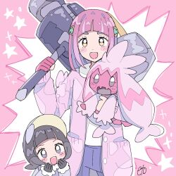 Rule 34 | 2girls, arched bangs, black gloves, black hair, bright pupils, brown eyes, colored skin, creatures (company), eyelashes, game freak, gloves, grey eyes, hair ornament, hairclip, hammer, highres, holding, holding hammer, holding pokemon, lacey (pokemon), multiple girls, nintendo, open mouth, pink background, pink hair, pink skin, pokemon, pokemon (creature), pokemon sv, poppy (pokemon), remoooon, smile, sparkle, standing, star (symbol), thick eyebrows, tinkaton