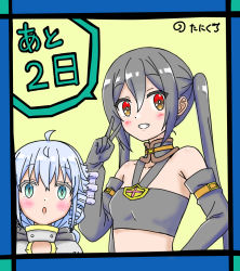 Rule 34 | 2girls, ahoge, artist name, bare shoulders, black gloves, black hair, blue eyes, blush, breasts, commentary request, elbow gloves, fa (rpg fudousan), gloves, hair between eyes, looking at viewer, multiple girls, official art, rakira (rpg fudousan), red eyes, rpg fudousan, silver hair, sleeveless, small breasts, smile, taniguchi motohiro, twintails, upper body, v