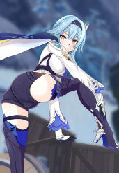 Rule 34 | 1girl, aqua hair, aruman, ass, bare shoulders, blush, boots, breasts, cameltoe, cape, eula (genshin impact), from behind, genshin impact, gloves, hairband, high heel boots, high heels, highres, large breasts, leotard, medium hair, red eyes, shiny clothes, shiny skin, sideboob, solo, thigh boots, thighhighs