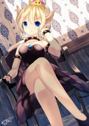 Rule 34 | &gt;:), 1girl, armchair, armlet, bad id, bad pixiv id, bare shoulders, black collar, black dress, black footwear, blonde hair, blue eyes, blurry, blurry background, blush, bowsette, bracelet, breasts, chair, chinomaron, closed mouth, collar, collarbone, commentary request, crown, depth of field, dress, dutch angle, fang, fang out, head tilt, highres, horns, indoors, jewelry, crossed legs, mario (series), medium breasts, mini crown, new super mario bros. u deluxe, nintendo, shoes, signature, sitting, smile, solo, spiked armlet, spiked bracelet, spiked collar, spikes, strapless, strapless dress, super crown, twitter username, v-shaped eyebrows