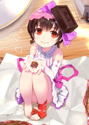 Rule 34 | 1girl, ankle bow, ankle ribbon, barefoot, black hair, blouse, blush, book, bookmark, bow, chocolate, commentary request, elbow gloves, food, gloves, grin, heart, heart print, highres, holding, holding chocolate, holding food, leg ribbon, mikazuki akira!, mini person, minigirl, original, personification, pink bow, pink ribbon, plate, pleated skirt, red bow, red eyes, ribbon, shirt, skirt, sleeveless, sleeveless shirt, smile, solo, striped clothes, striped shirt, tirol chocolate, valentine, vertical-striped clothes, vertical-striped shirt, white gloves, white skirt, wrapper