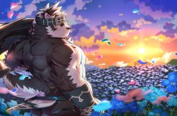 Rule 34 | 1boy, absurdres, animal ears, ass, bara, bare back, bare pectorals, body hair, chest hair, cloud, cloudy sky, flower, forget-me-not (flower), from behind, furry, furry male, grey fur, grey hair, headband, highres, holding, holding clothes, holding jacket, horkeu kamui, hoshi (art hoshi), jacket, light smile, looking back, male focus, muscular, nipples, pectorals, pelvic curtain, petals, short hair, sky, solo, sunset, tail, tokyo houkago summoners, two-tone fur, vambraces, white flower, white fur, wind, wind lift, wolf boy, wolf ears, wolf tail, yellow eyes
