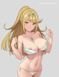 Rule 34 | 1girl, areola slip, bare hips, bare shoulders, bikini, blonde hair, blush, breasts, cleavage, closed mouth, collarbone, cowboy shot, dakkalot, earrings, female focus, gem, groin, high ponytail, jewelry, large breasts, long hair, looking at viewer, matching hair/eyes, mythra (xenoblade), navel, nintendo, nipple slip, nipples, pulling own clothes, ribbon, side-tie bikini bottom, sidelocks, smile, solo, stomach, strap pull, swept bangs, swimsuit, tiara, toned, very long hair, white bikini, white ribbon, xenoblade chronicles (series), xenoblade chronicles 2, yellow eyes