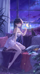 Rule 34 | 1girl, absurdres, ahoge, animal, bare arms, bare legs, bare shoulders, barefoot, black bow, black cat, blanket, blush, book, bow, breasts, bug, butterfly, cat, cellphone, commentary request, couch, curtains, frills, full body, glowing butterfly, highres, indoors, insect, long hair, medium breasts, night, night sky, ocean, on couch, open book, original, parted lips, phone, pillow, purple eyes, purple hair, shooting star, sitting, sky, sleeveless, smartphone, solo, spaghetti strap, star (sky), starry sky, very long hair, window, yelan xing xuan