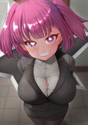 Rule 34 | 1girl, black jacket, black pantyhose, black skirt, breasts, business suit, button gap, clenched teeth, formal, from above, fuuma shuriken, highres, jacket, kyuuketsuki sugu shinu, large breasts, light particles, looking at viewer, ocza, office lady, pantyhose, pencil skirt, pink eyes, pink hair, sanzu (kyuketsuki sugu shinu), sharp teeth, shirt, short hair, shuriken, skirt, smile, solo, star-shaped pupils, star (symbol), suit, symbol-shaped pupils, teeth, tiles, two side up, white shirt