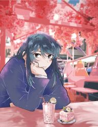 Rule 34 | 1girl, ado (utaite), black eyes, cake, chando (ado), closed mouth, cloud nine inc, commentary request, cup, drinking straw, food, head rest, highres, long hair, long sleeves, looking at viewer, photo background, sidelocks, solo, umeboshi (lbsmo8ue2qm2rhk), utaite
