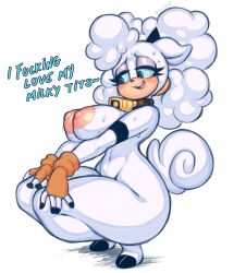 Rule 34 | 1girl, absurdres, animal ears, bell, blue eyes, blush, body fur, breasts, collar, curly hair, eyelashes, furry, furry female, half-closed eyes, highres, horns, lanolin the sheep, large breasts, navel, nipples, nude, rosti, sega, sheep girl, sheep horns, sonic (series), sonic the hedgehog (idw), sweat, thick thighs, thighs, white fur, wide hips